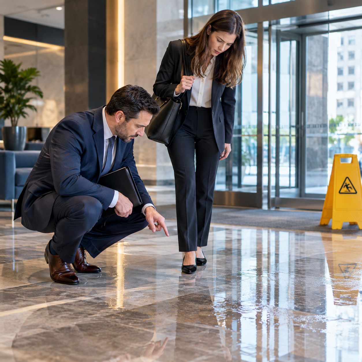 Professionals Inspect Wet Lobby Floor-3 Professionals inspecting a wet lobby floor
